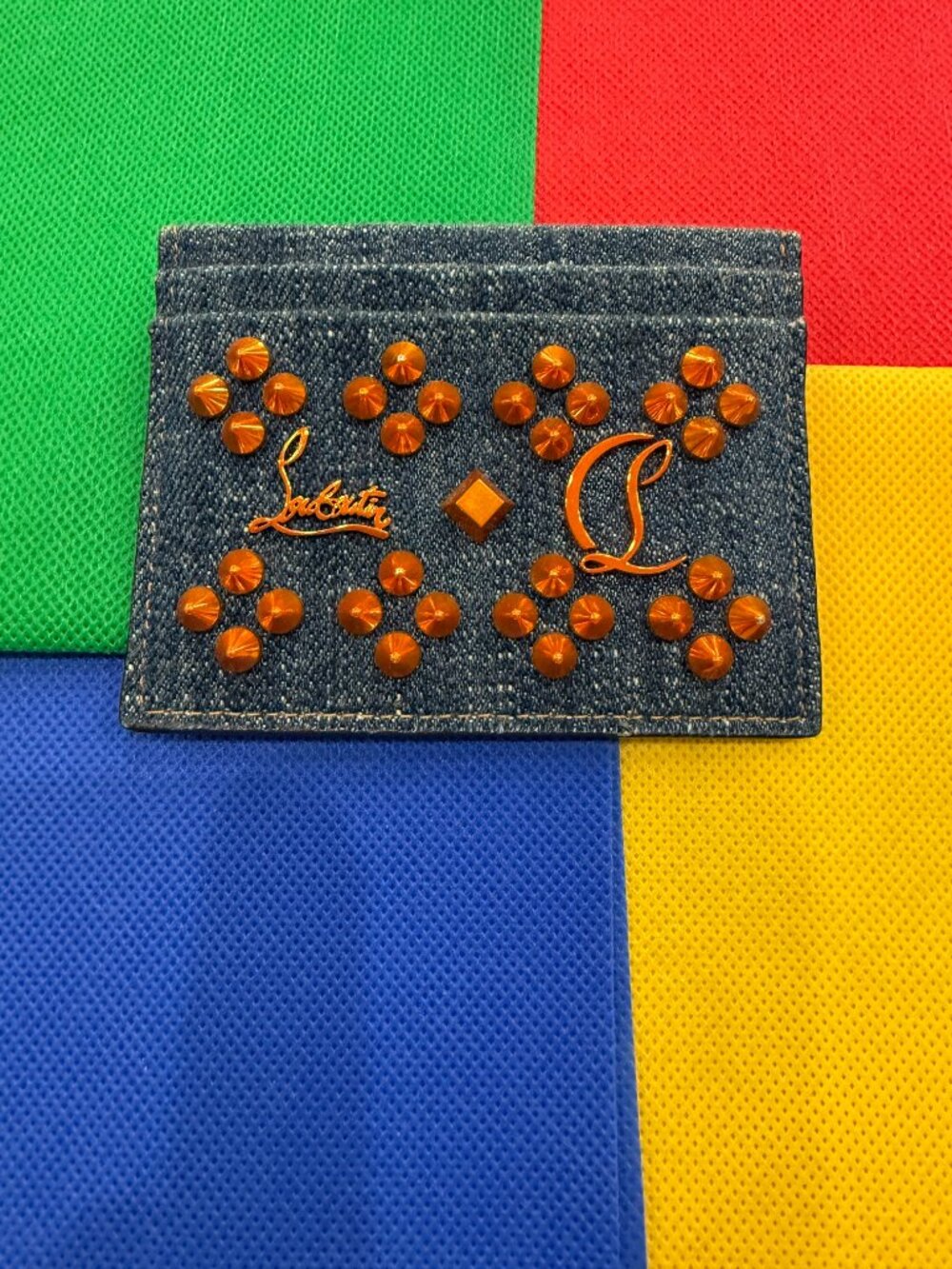 Christian Louboutin KIOS Spiked Studded Denim Card Holder-With Original Box and